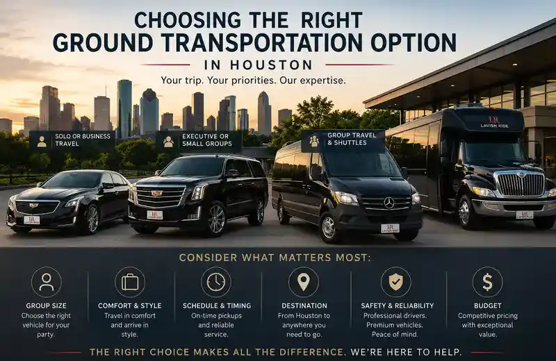 Luxury Houston ground transportation fleet featuring executive sedan, Cadillac Escalade SUV, Sprinter van, and shuttle vehicle parked in front of the Houston skyline, representing transportation options for business travel, group transportation, airport transfers, and private chauffeur service.